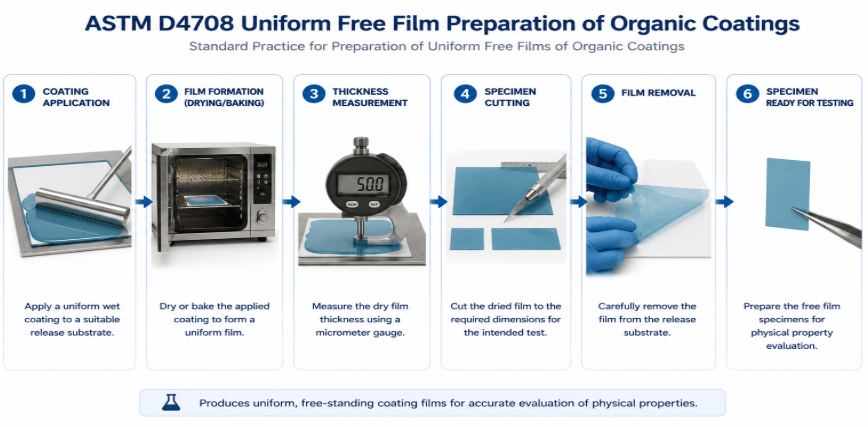The image shows the six steps of preparing uniform free films of organic coatings for ASTM D4708: applying the coating, drying or baking it, measuring thickness, cutting specimens, removing the film, and preparing it for physical-property testing. 