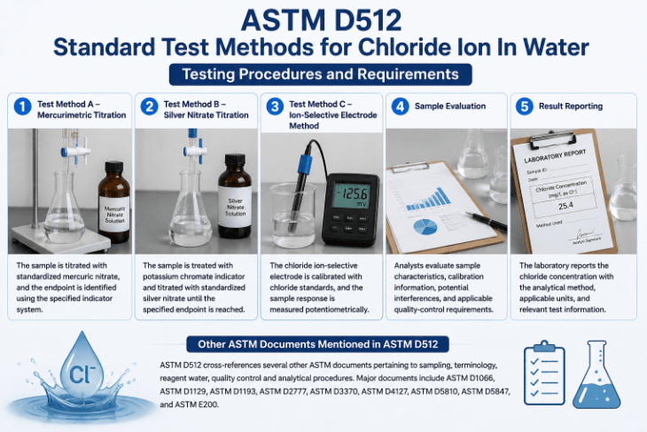 The image shows laboratory equipment used to determine chloride ion in water using titration glassware and a chloride ion-selective electrode.