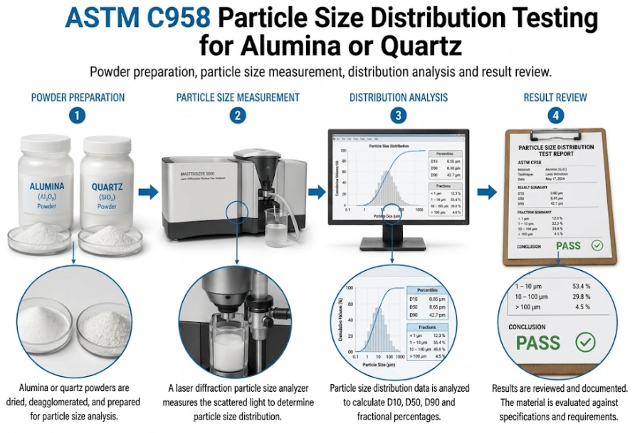The image shows laboratory X-ray sedimentation equipment used to analyze alumina or quartz powder to determine particle size distribution according to ASTM C958.