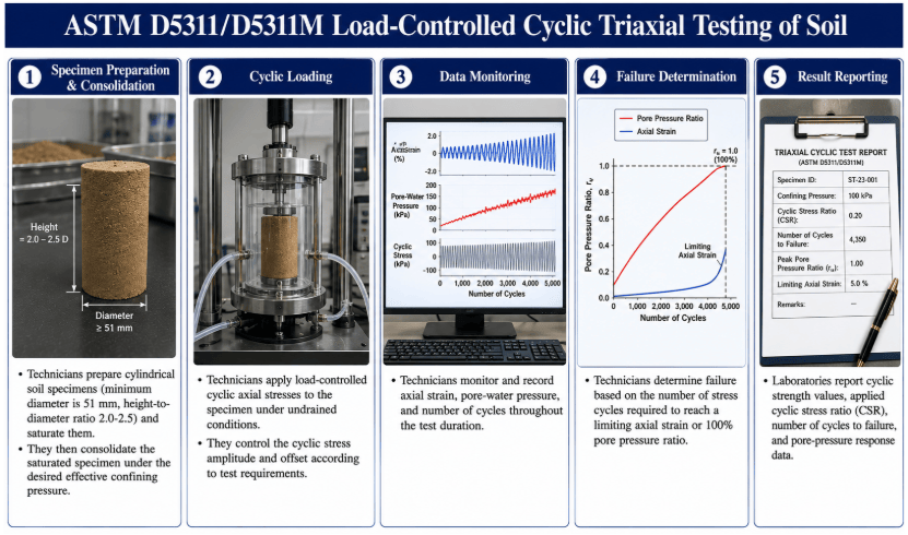 The image shows a saturated soil specimen inside a triaxial testing system undergoing controlled cyclic loading while the laboratory monitors soil response.