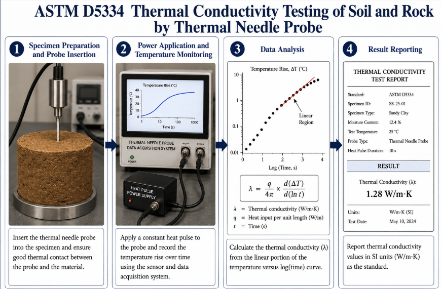 The image shows a thermal needle probe inserted into a soil or rock specimen while the testing system measures the temperature response for thermal conductivity determination.