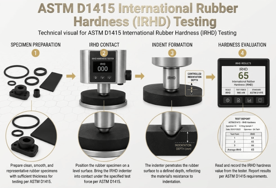 The image shows a laboratory International Rubber Hardness tester measuring the indentation hardness of a rubber specimen according to ASTM D1415.