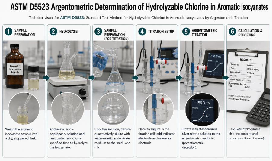 The image shows a laboratory technician preparing an aromatic isocyanate sample for potentiometric argentometric determination of hydrolyzable chlorine.