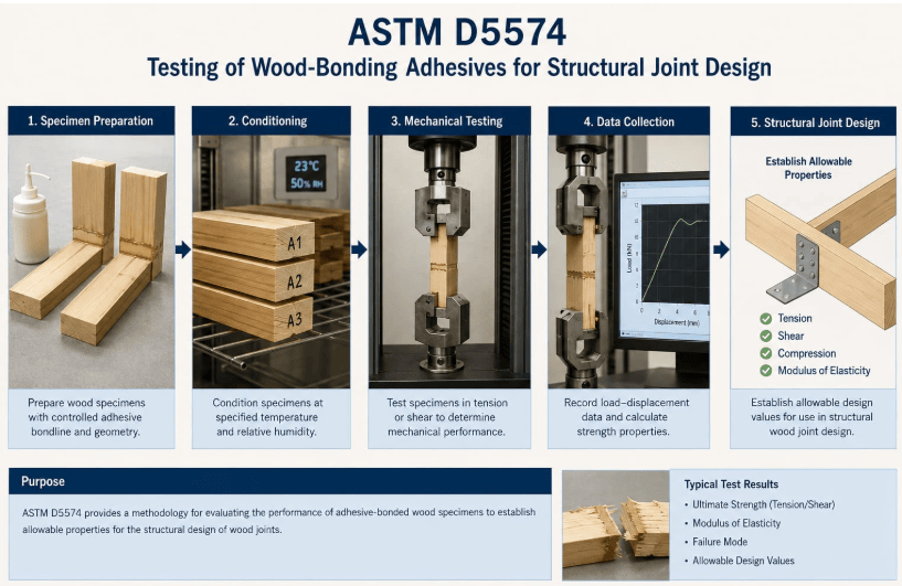 The image depicts adhesive-bonded wood specimens being prepared and mechanically evaluated to establish allowable properties for structural joint design according to ASTM D5574.