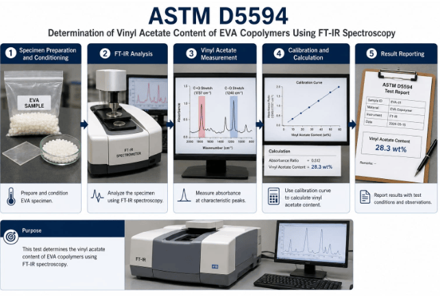 This infographic shows EVA copolymer testing by FT-IR spectroscopy, including specimen preparation and conditioning, FT-IR analysis, vinyl acetate measurement, calibration and calculation, and result reporting.