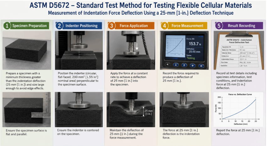 ASTM D5672 test process for flexible cellular materials, illustrating specimen preparation, centered indenter positioning, application of force to 25 mm [1 in.] deflection, measurement of indentation force, and recording of test results.