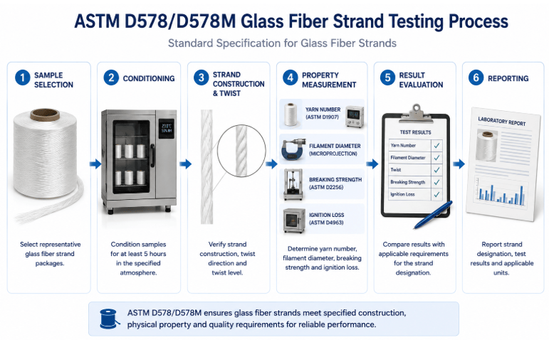 The image shows sampling, conditioning, and assessment of strand construction and twist of filament diameter, yarn number, and breaking strength and ignition loss of glass fiber strands.