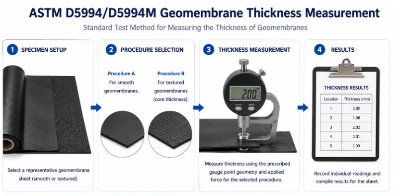 The image shows a geomembrane sheet being measured for thickness using a gauge applied at the prescribed contact geometry and force according to ASTM D5994.