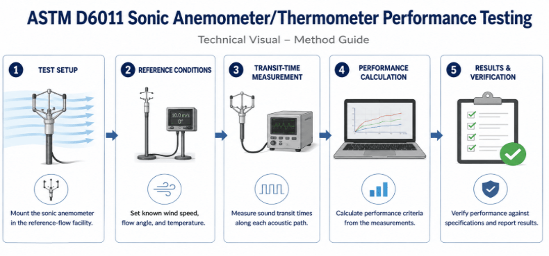 The image shows the five-step ASTM D6011, mounting the sonic anemometer in a reference-flow facility and setting known wind speed and angle, measuring sound transit time, calculating performance criteria, and verifying against specifications.