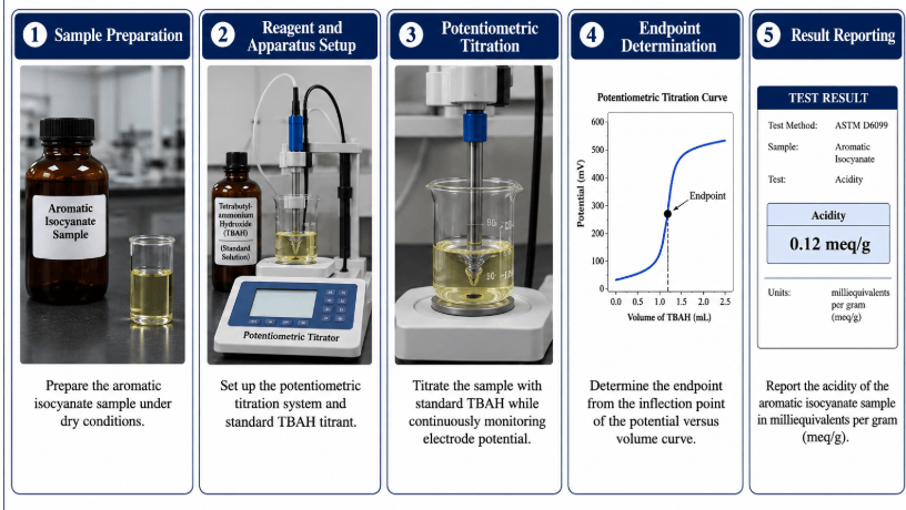 The image shows a laboratory setup for determining the acidity of an aromatic isocyanate sample by potentiometric titration.