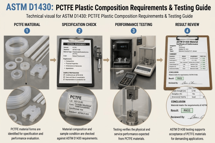The image shows laboratory equipment evaluating polychlorotrifluoroethylene PCTFE specimens for material classification according to ASTM D1430.