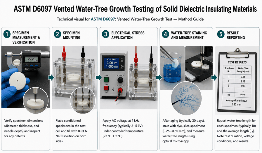 The image shows laboratory testing of a solid dielectric insulating specimen under controlled conditions to evaluate its relative resistance to vented water-tree growth.