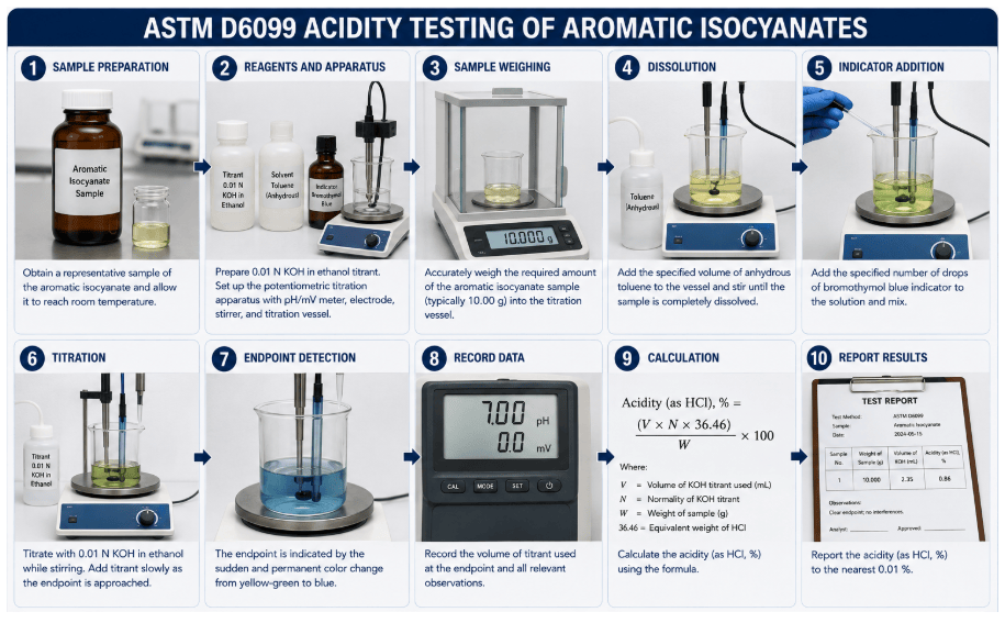 The image shows a laboratory setup for determining the acidity of an aromatic isocyanate sample by potentiometric titration.