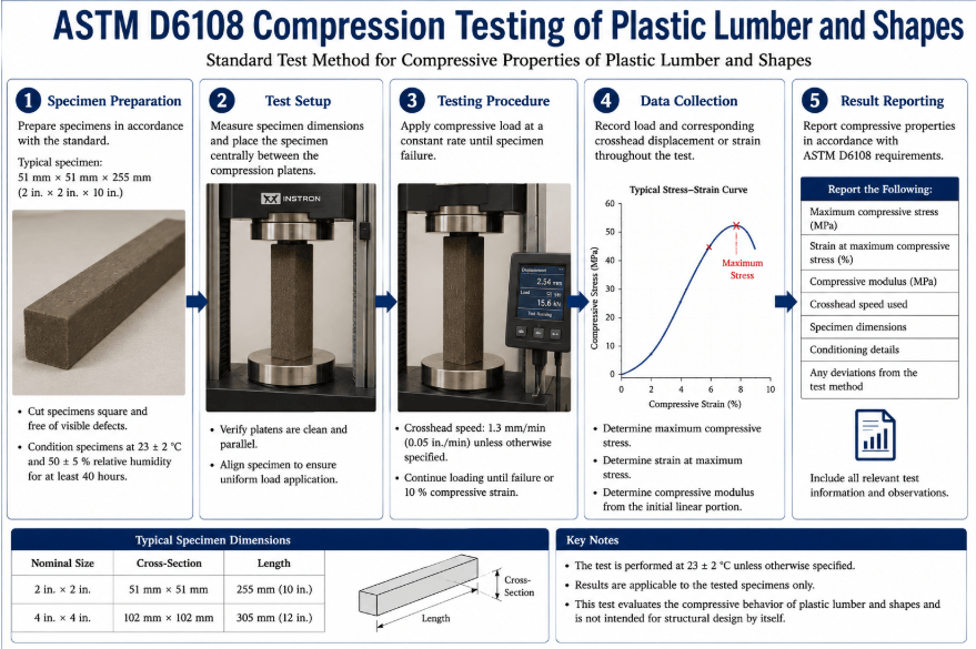 Plastic lumber specimen positioned between compression platens during compressive property testing according to ASTM D6108.