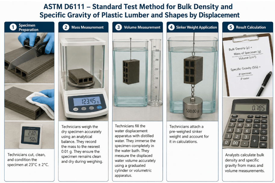  The image depicts a plastic lumber specimen in a water displacement apparatus for bulk density and specific gravity testing as per ASTM D6111.