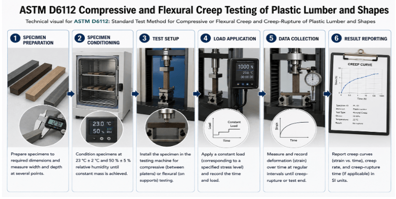Alt text: The image shows plastic lumber specimens undergoing controlled compressive or flexural loading to evaluate creep and creep-rupture behavior.