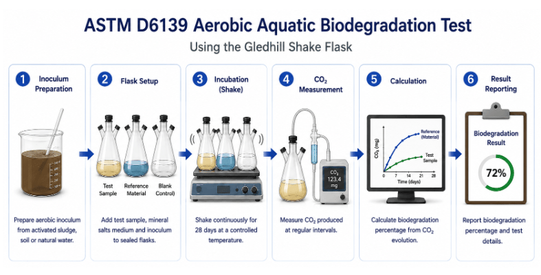 Alt text: The image shows the ASTM D6139 sequence of setting up the aerobic inoculum and setting up the sealed shake flasks with the lubricant sample and reference material, incubating under agitation, and measuring CO₂ evolution to calculate biodegradation.