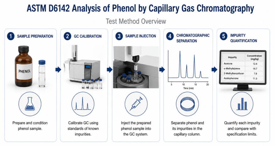 Alt text: The image shows the five-step ASTM D6142 sequence: performing and conditioning of the phenol sample, calibration of the gas chromatograph using standards with known impurities, injection of the sample, separation of phenol from impurities in the capillary column, and quantification of each against the specification limits.