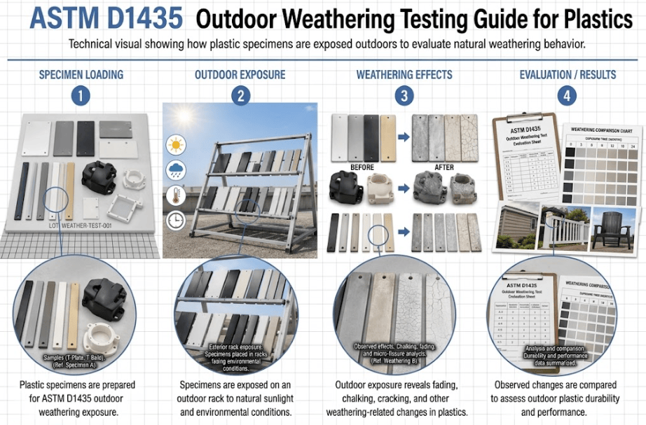 The image shows plastic specimens mounted on an outdoor weathering exposure rack for evaluation according to ASTM D1435.