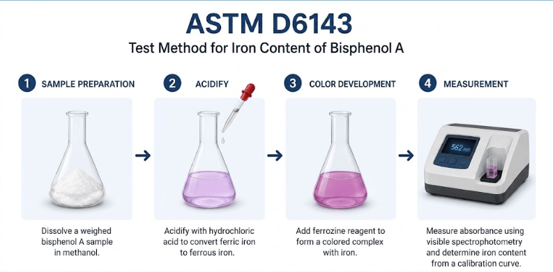  The picture shows the ASTM D6143 testing sequence from dissolving and acidifying a bisphenol A sample to developing color with ferrozine and measuring iron content with a spectrophotometer.