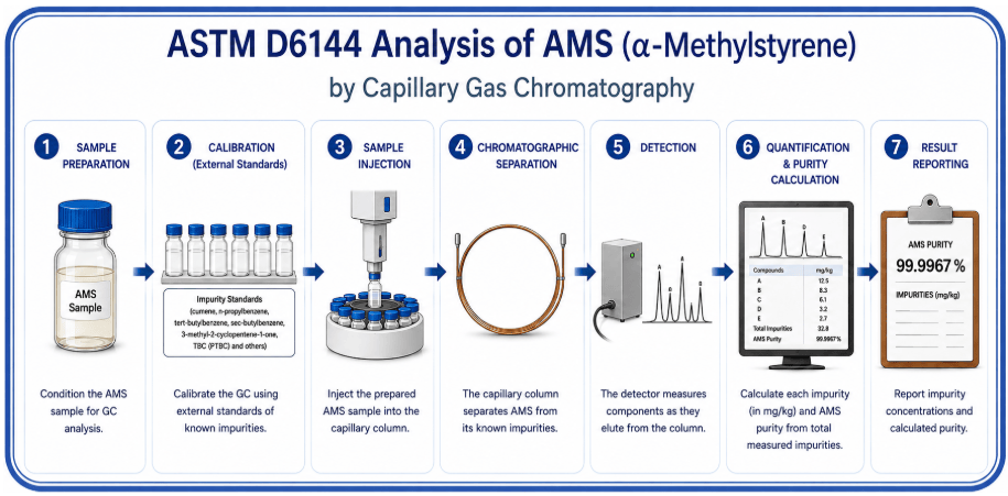 The image shows the ASTM D6144 sequence, from AMS sample preparation and external standard calibration through capillary separation and impurity quantification.
