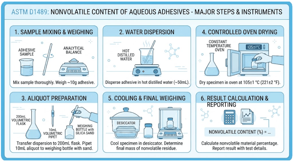 The image shows a sample of an aqueous adhesive being prepared, dried in a controlled-temperature oven, cooled in a desiccator, and weighed to determine the nonvolatile content per ASTM D1489. 