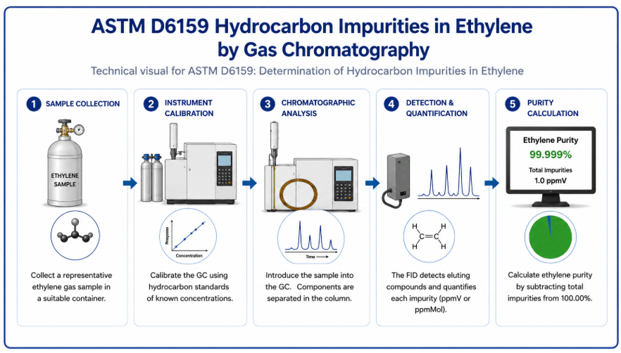 The image shows the ASTM D6159 sequence from ethylene gas sample collection to chromatographic analysis, through flame ionization detection and calculation of ethylene purity.