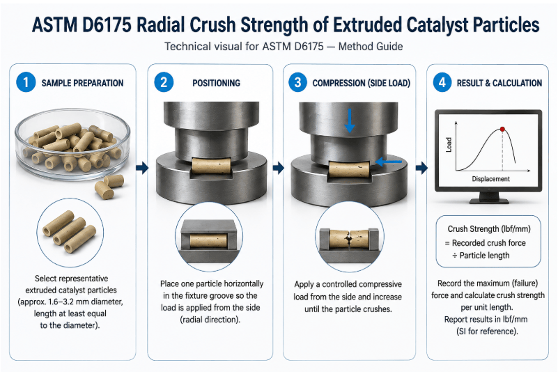 The image shows the ASTM D6175 sequence, from selecting and measuring extruded catalyst particles through side-loading compression and crush-strength calculation.