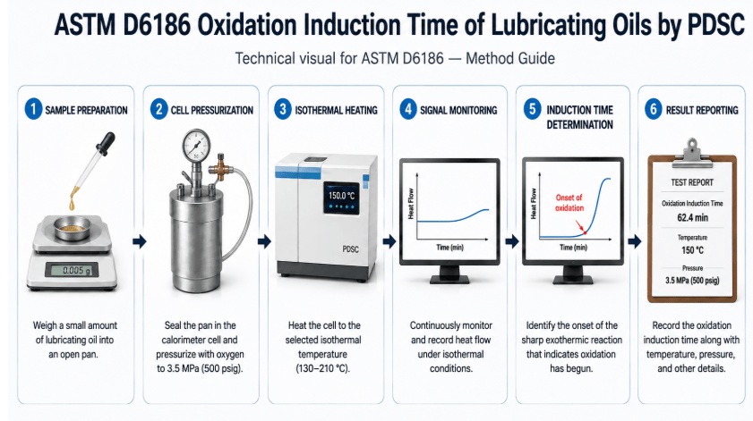 The image depicts the ASTM D6186 sequence, spanning from the preparation of the oil sample and cell pressurization through isothermal heating and the determination of oxidation induction time.