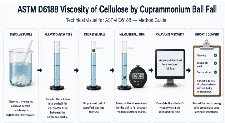 The image shows the steps involved with the ASTM D6188 testing sequence from dissolving a sample of cellulose in a cuprammonium reagent to calculating the viscosity.