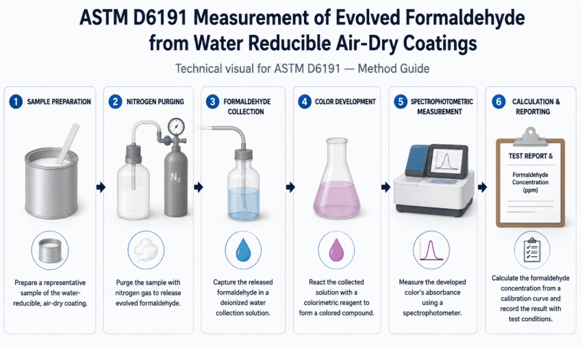 The image illustrates the ASTM D6191 test method that includes the nitrogen purge, formaldehyde collection, color generation, and spectrophotometric measurement.