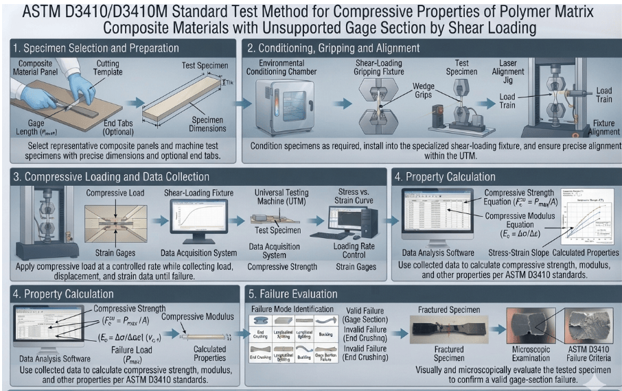  This image depicts a universal testing machine used to determine compression properties per ASTM D3410.