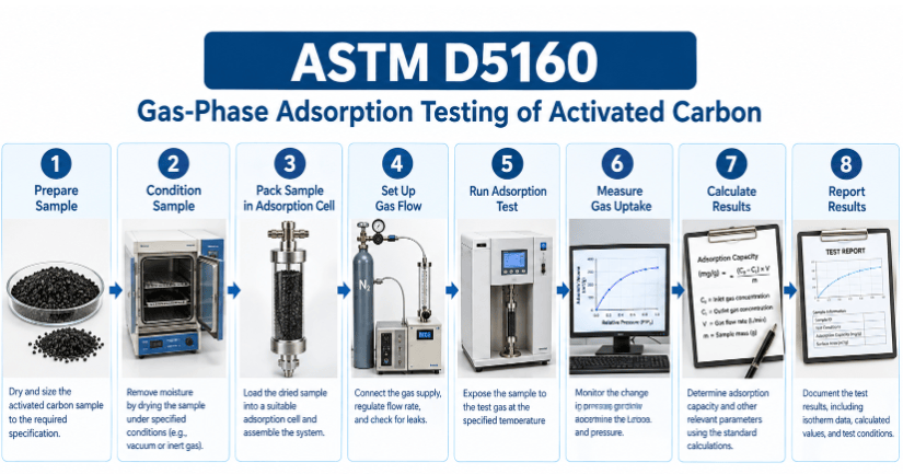 The image shows the testing process for activated carbon sample preparation, packing of an activated carbon adsorption bed, introduction of a controlled gas stream containing an adsorbate, monitoring of adsorbate breakthrough, and determination of dynamic adsorption capacity and critical bed depth.