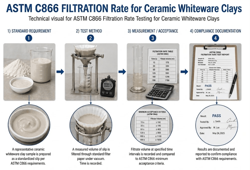  The image shows laboratory filtration equipment evaluating the rate at which water passes through a prepared ceramic whiteware clay sample according to ASTM C866.