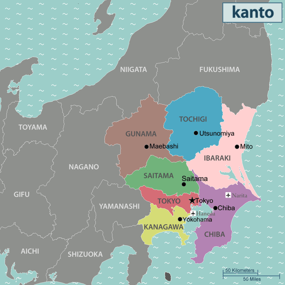 Esquema de Kanto con los lugares de los tours y el tiempo aproximado en tren desde Tokio