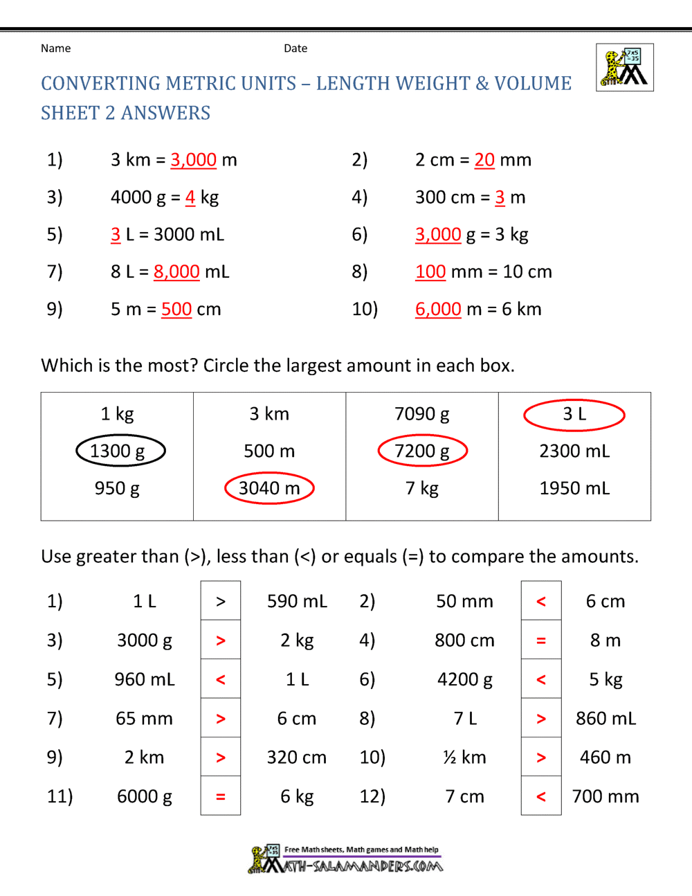 Metric Conversion Worksheet Metric Conversion Worksheet