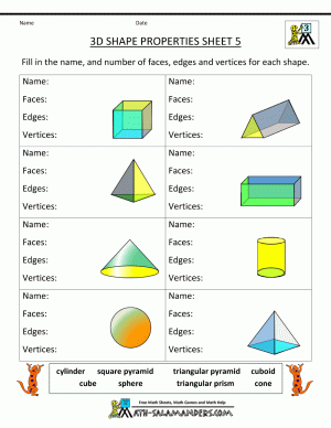 3d grade math worksheets shapes properties shape geometry faces edges vertices third practice salamanders 3rd printable worksheet kindergarten graders 2d