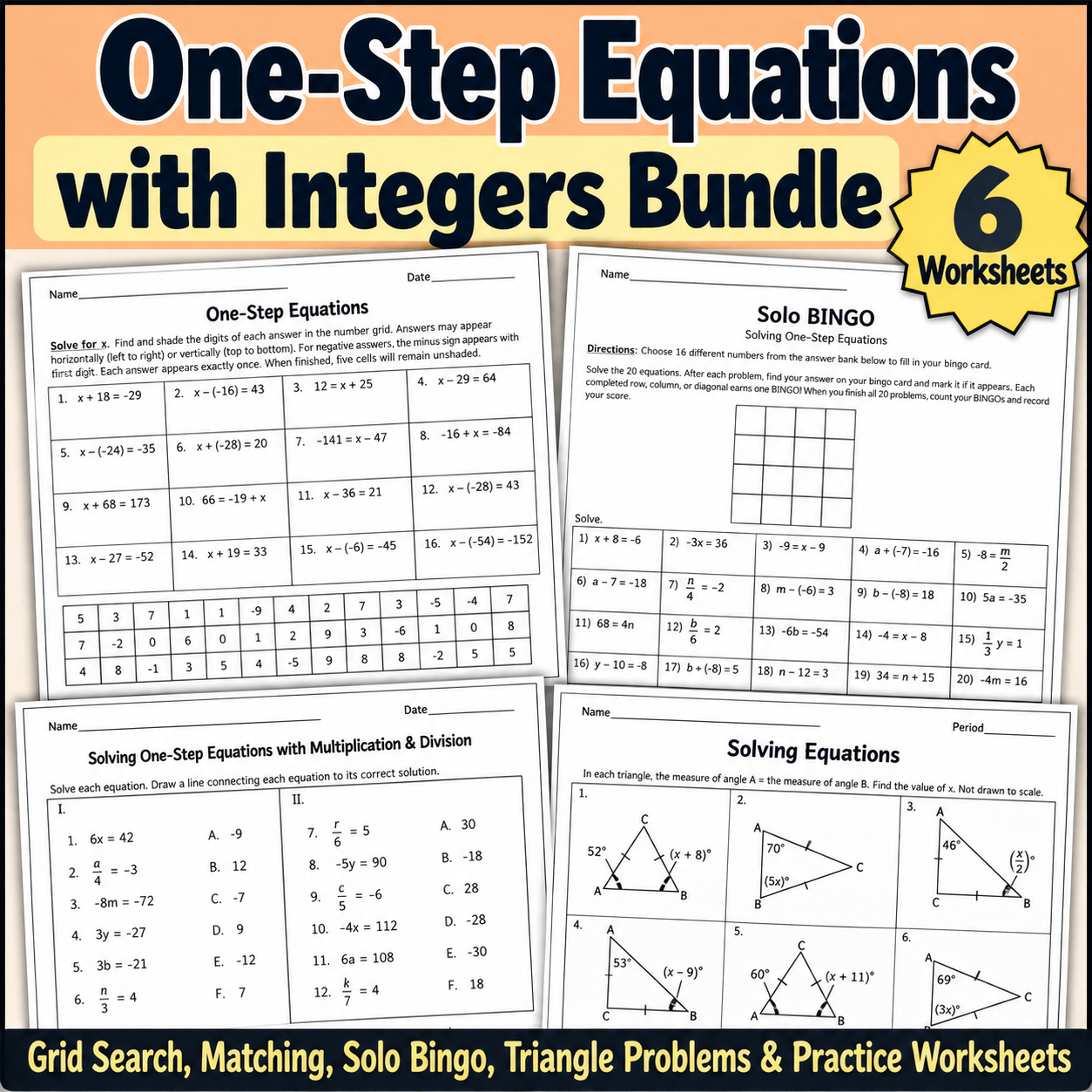One-Step Equations with Integers Worksheets & Activities Bundle
