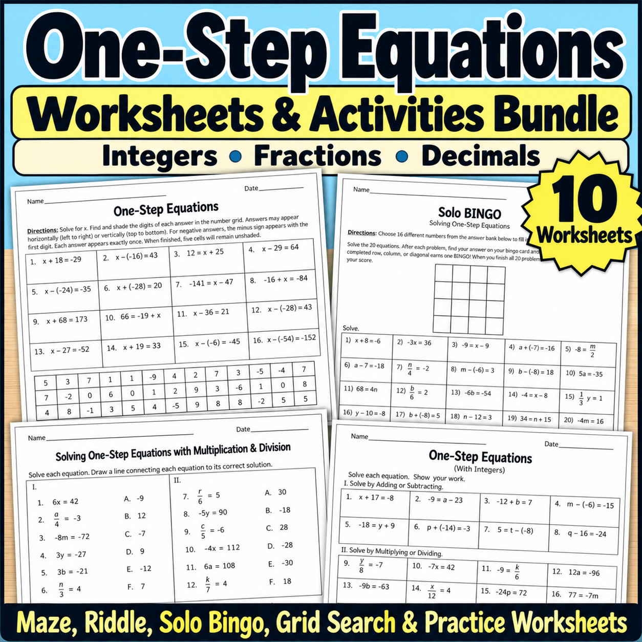 One-Step Equations Worksheets & Activities Bundle