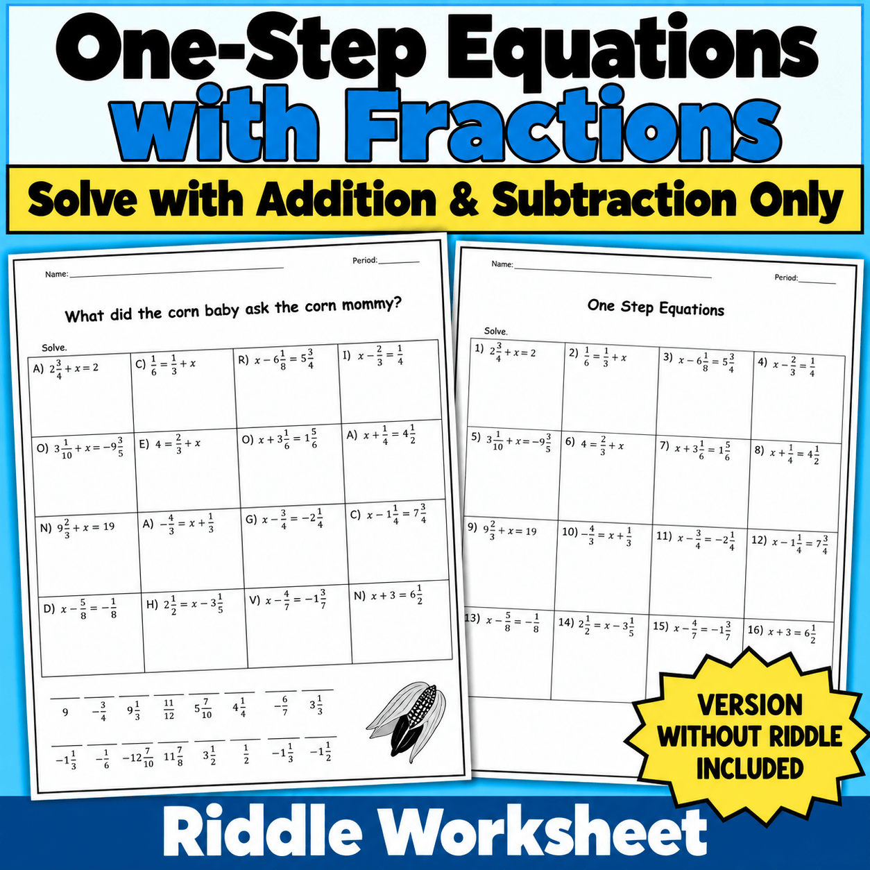 One-Step Equations with Fractions | Riddle Worksheet