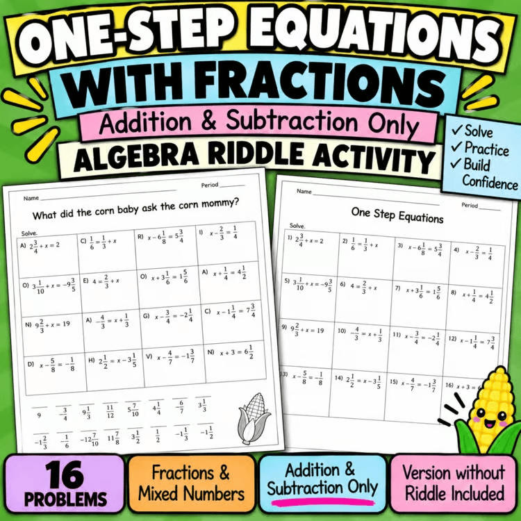 One-Step Equations with Fractions | Riddle Worksheet