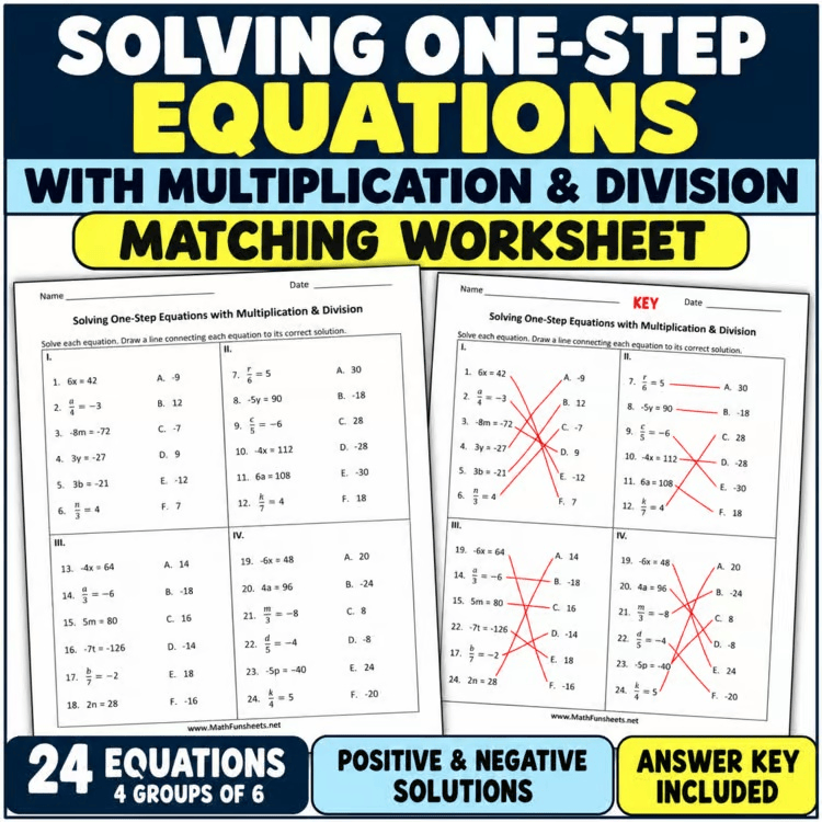 One-Step Equations with Multiplication & Division | Matching Worksheet