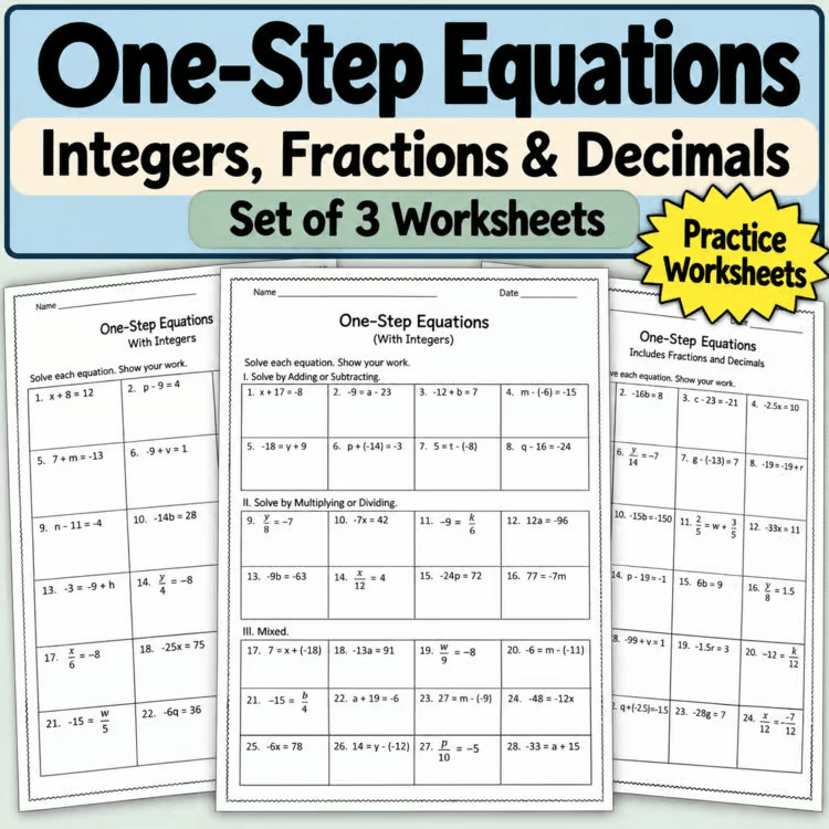 One-Step Equations | Set of 3 Simple Practice Worksheets