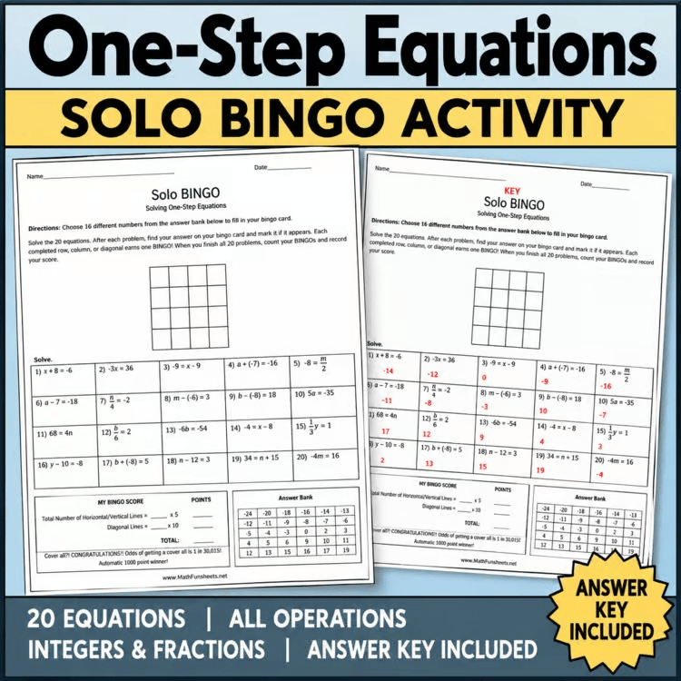 One-Step Equations Solo Bingo Worksheet | All Operations