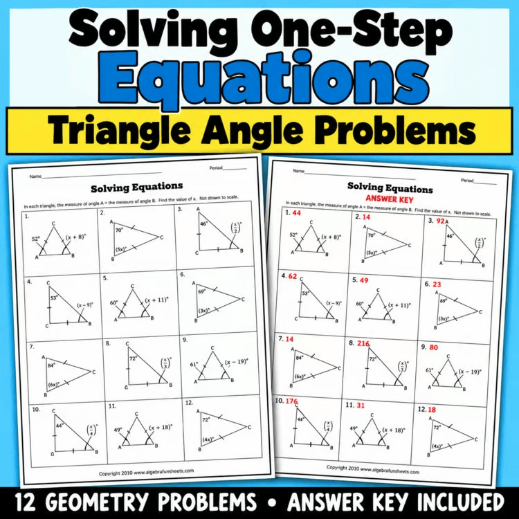 One-Step Equations Worksheet | Triangle Angle Problems