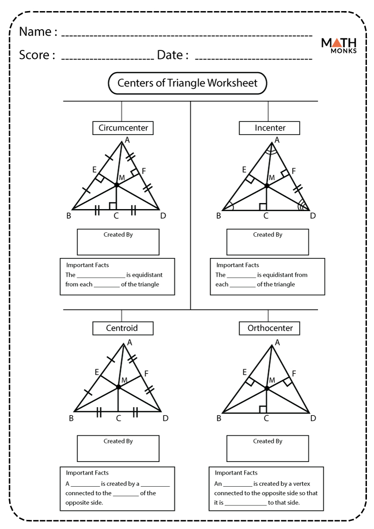 centers of triangles worksheets math monks