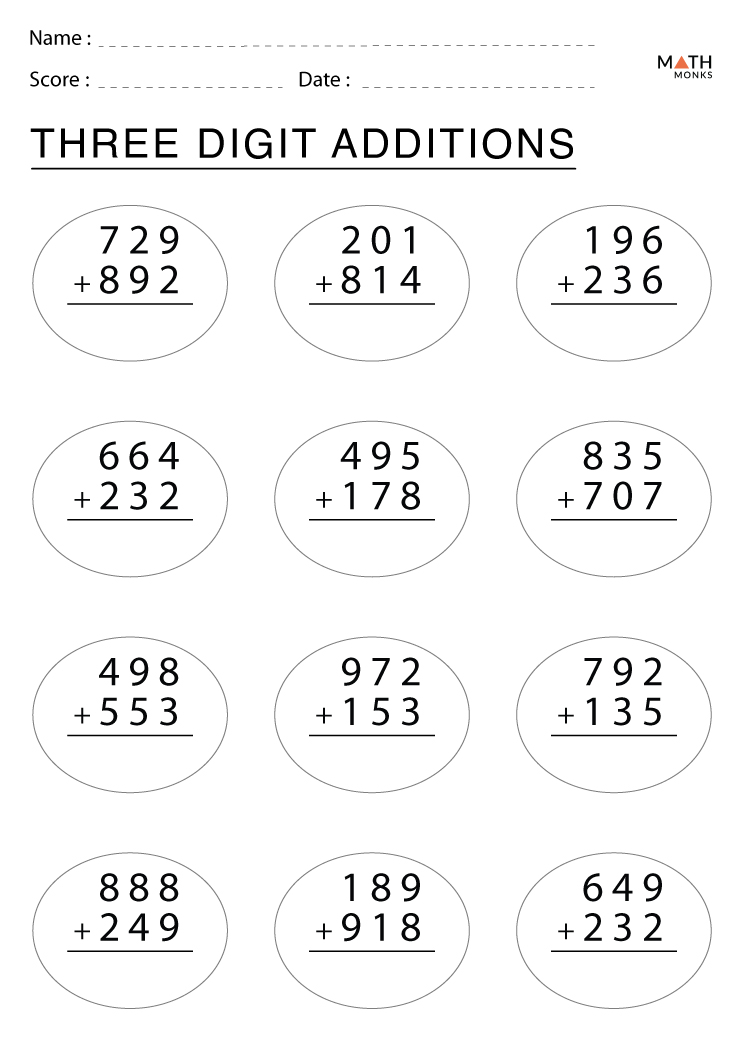 3 digit addition worksheets with answer key