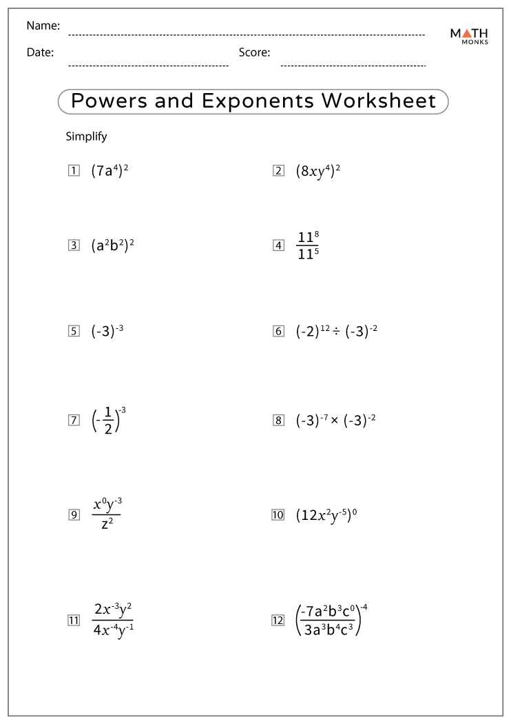 Exponents worksheets with answer key