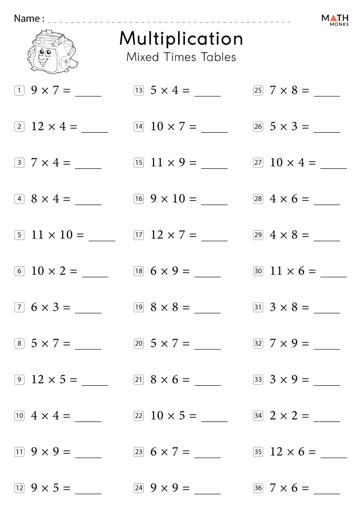 multiplication table worksheets with answer key
