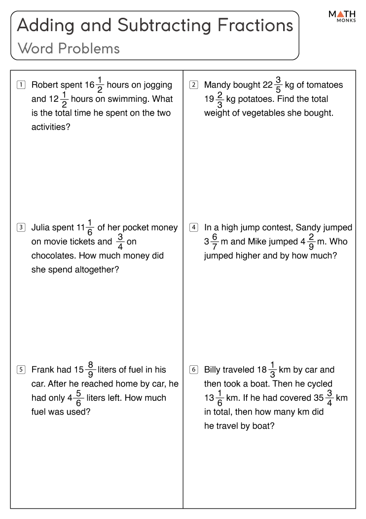 Worksheet adding and subtracting fractions word problems db excel